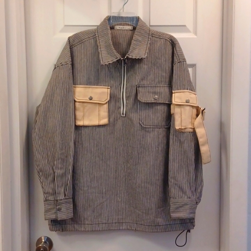 Mens mnml (MNML) Stripped Pullover Shirt Jacket size M Black & White